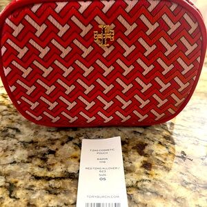 Tory Burch Red cosmetic bag, coated leather with golden hardware, zip closure